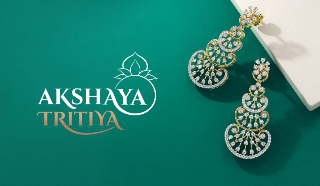 Akshaya Tritiya jewelry advertisement featuring luxury gold and diamond chandelier earrings against a teal green backdrop.