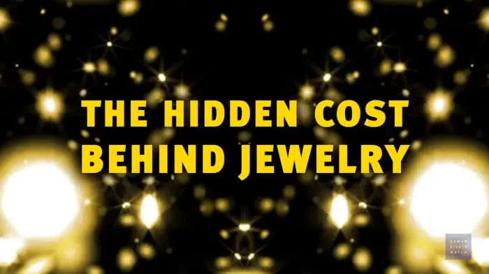 Graphic titled "THE HIDDEN COST BEHIND JEWELRY" set against a shimmering background of golden lights and starbursts.